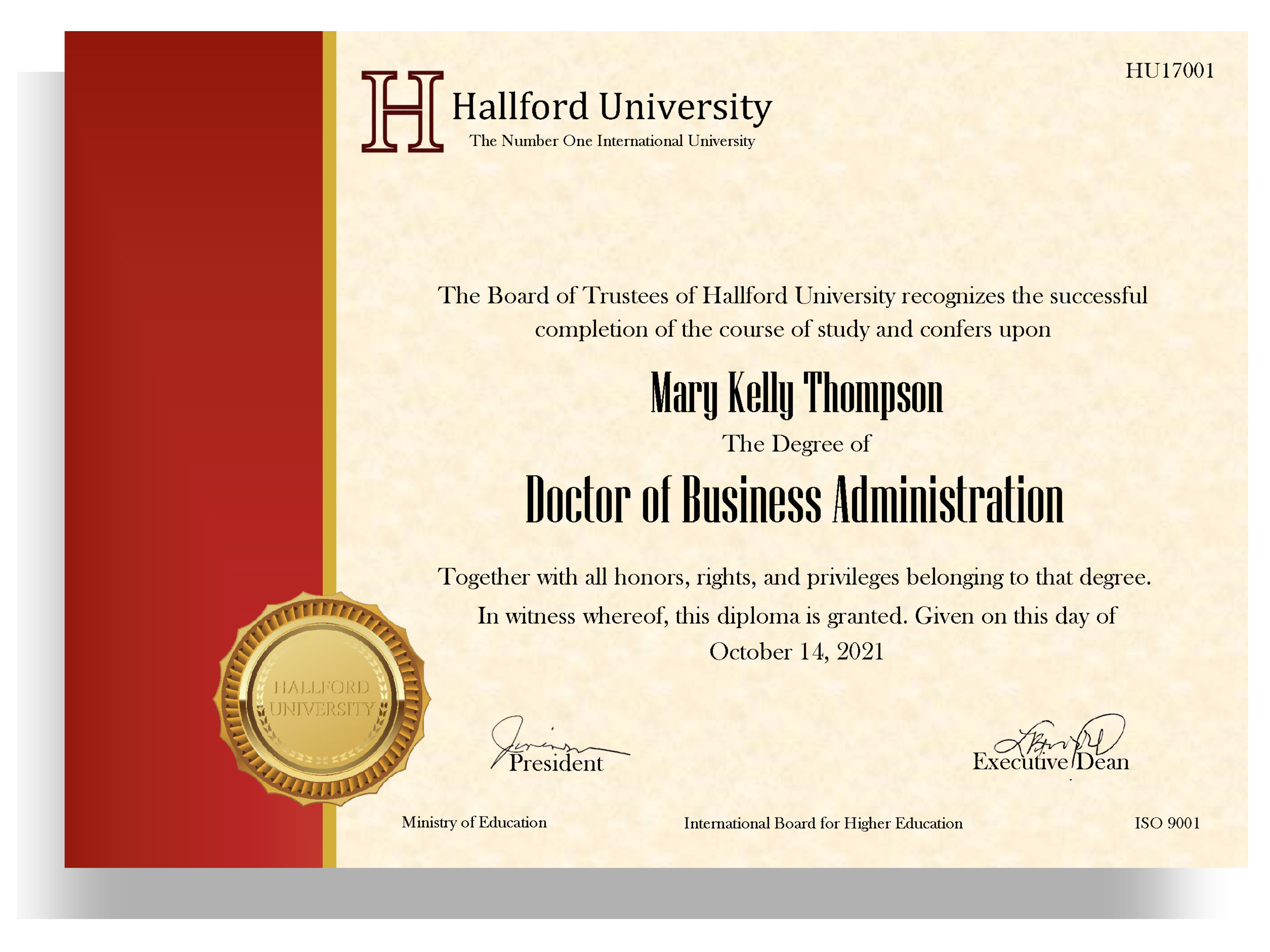 Sample Hallford University DBA credential