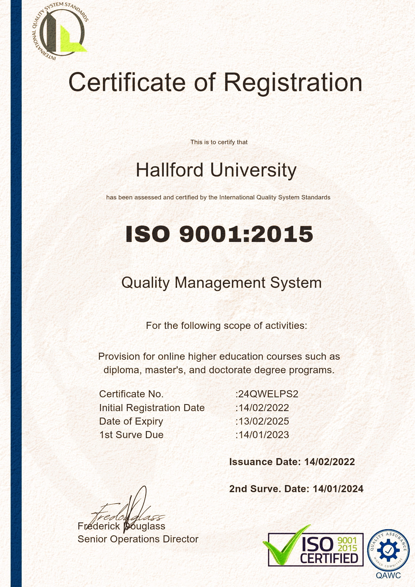 Hallford University ISO 9001:2015 Quality Management System certificate