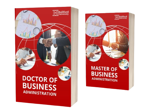 Cover of online Master of Business Administration (MBA) and Doctor of Business Administration (DBA) program guidebook from Hallford University, flexible self-paced business degrees, accredited online MBA and DBA programs, executive business education, distance learning graduate programs for professionals