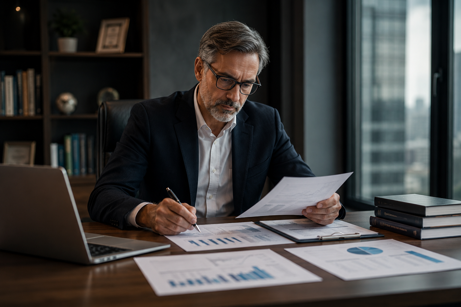 Business professional reviewing strategic reports and research