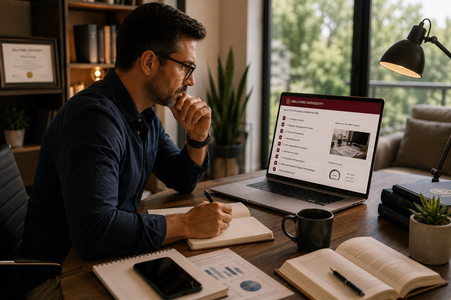 Working professional studying online from home