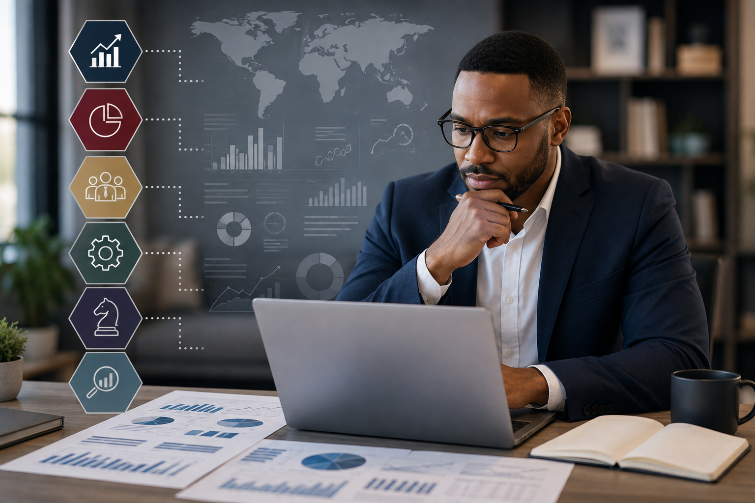 Business professional analyzing strategy and business data